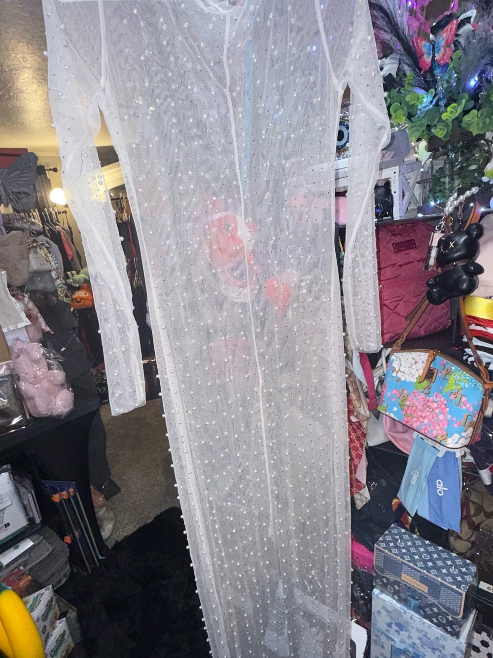 Sheer White Pearl-Embellished Long Robe - Women Classy Fit